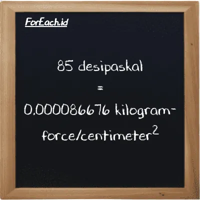 85 desipaskal setara dengan 0.000086676 kilogram-force/centimeter<sup>2</sup> (85 dPa setara dengan 0.000086676 kgf/cm<sup>2</sup>)
